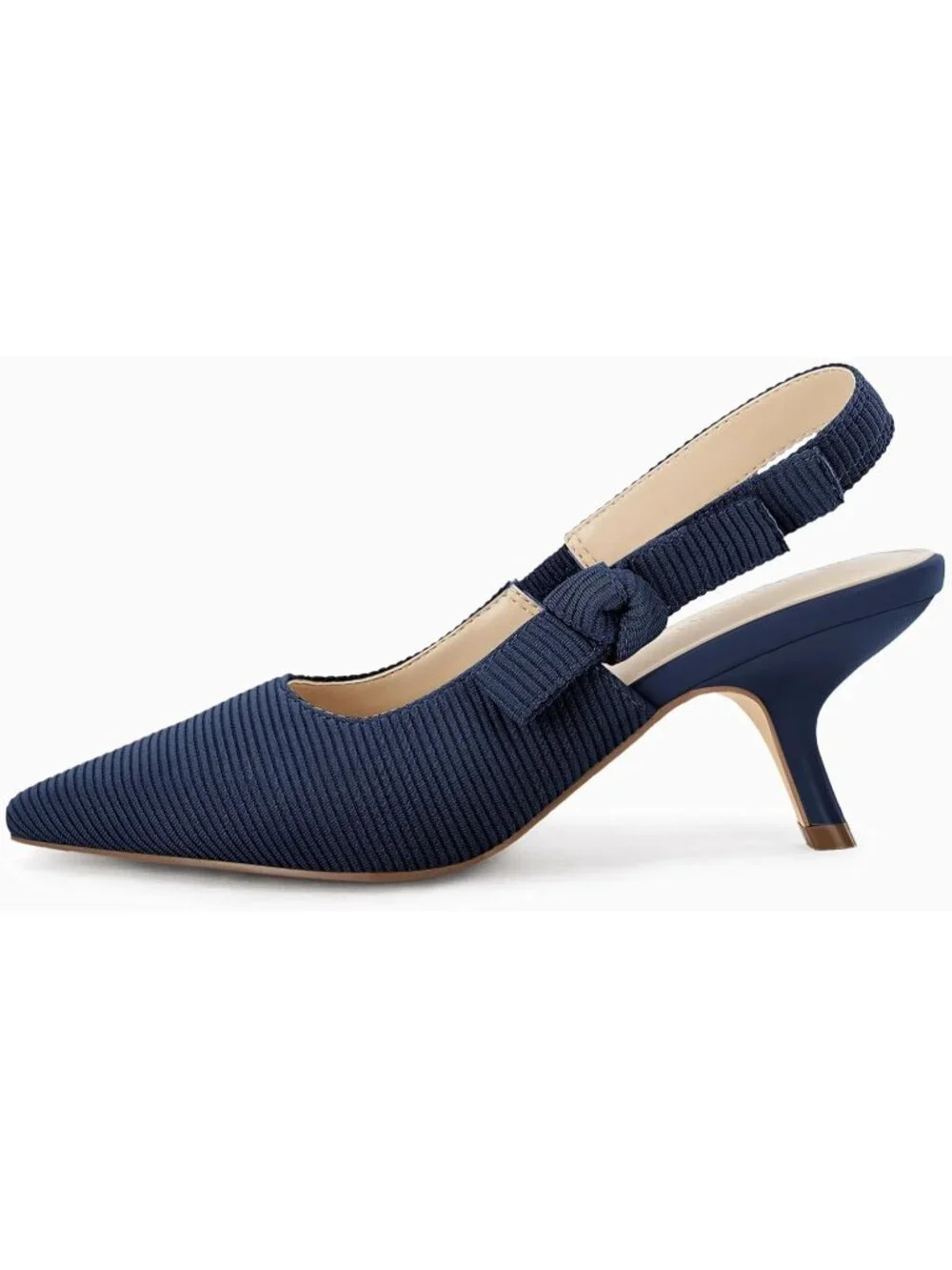 Women's Navy Slingback Kitten Heels Closed Pointed Toe Bowknot Slip On Pumps